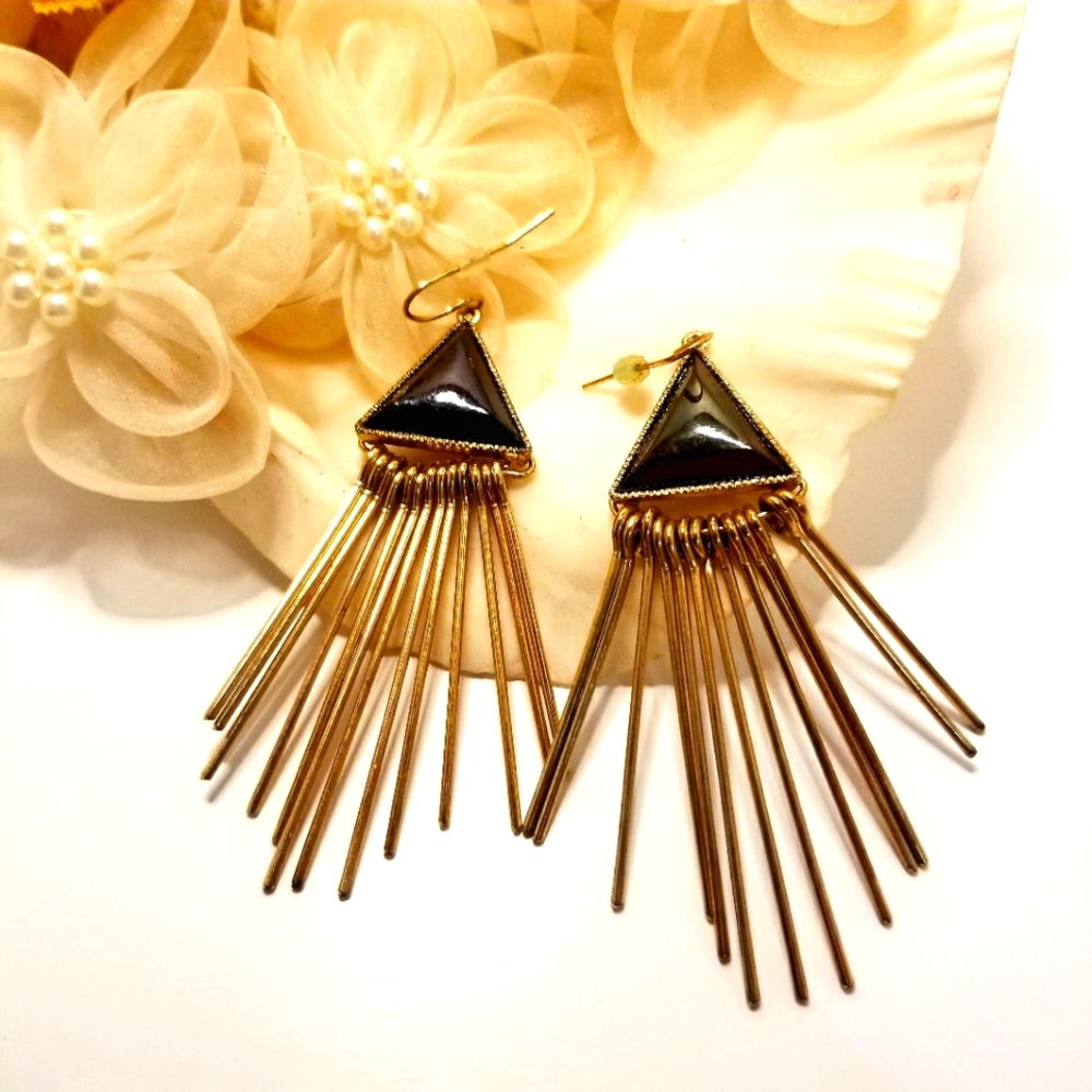Pyramids & Sunrays Gold Dangle Earrings